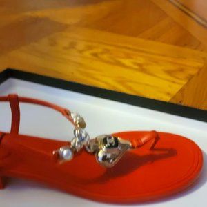 CHANEL RED THONG JEWELED SANDALS  Size 38.5